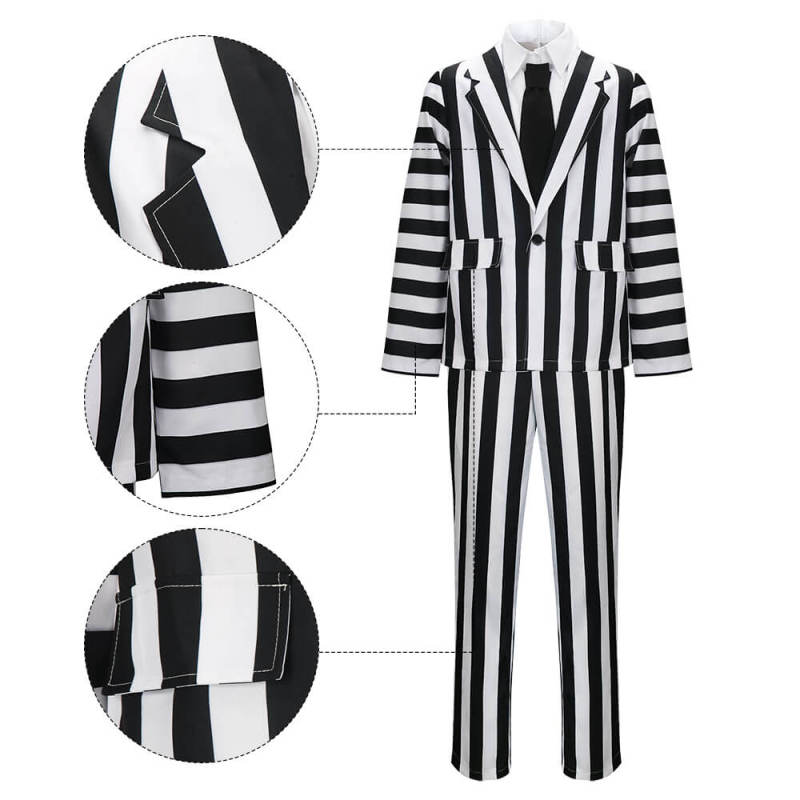Men's BeetleJuice Halloween Costume Betelgeuse Black & White Striped Suit  In Stock-Takerlama