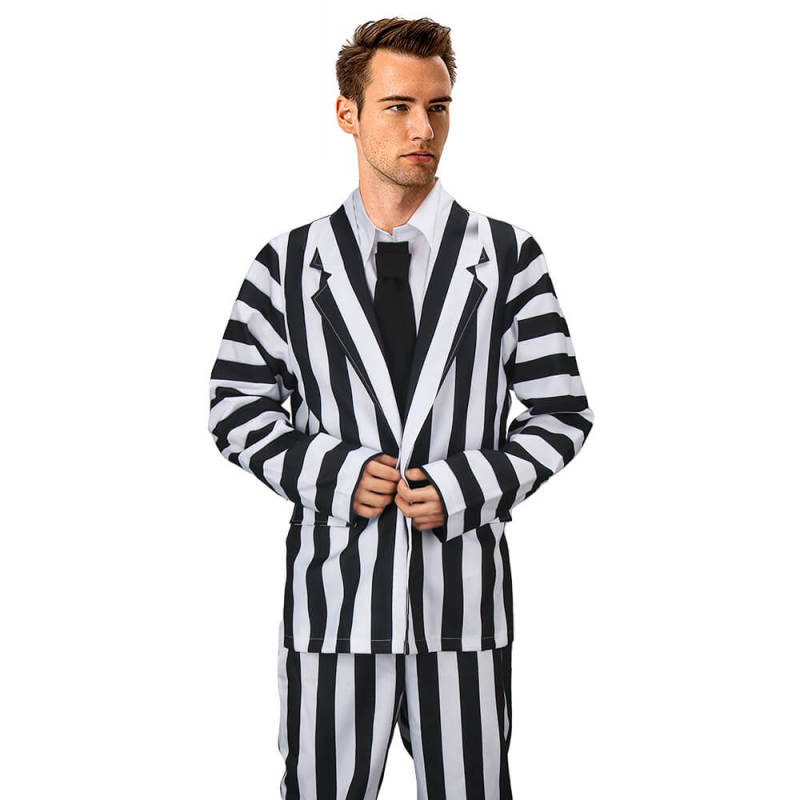 Men's BeetleJuice Halloween Costume Betelgeuse Black & White Striped Suit  In Stock-Takerlama