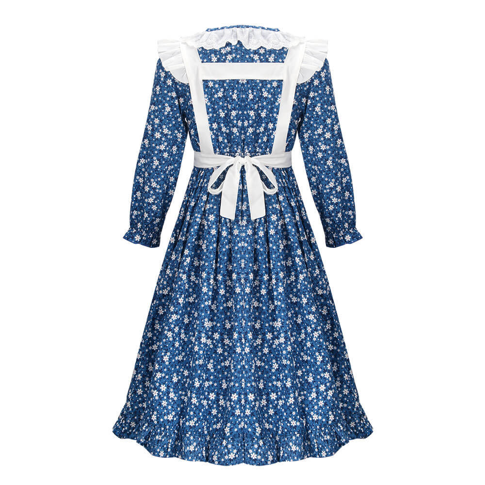 Kids Pioneer Girl Costume Colonial Prairie Blue Dress Apron Bonnet