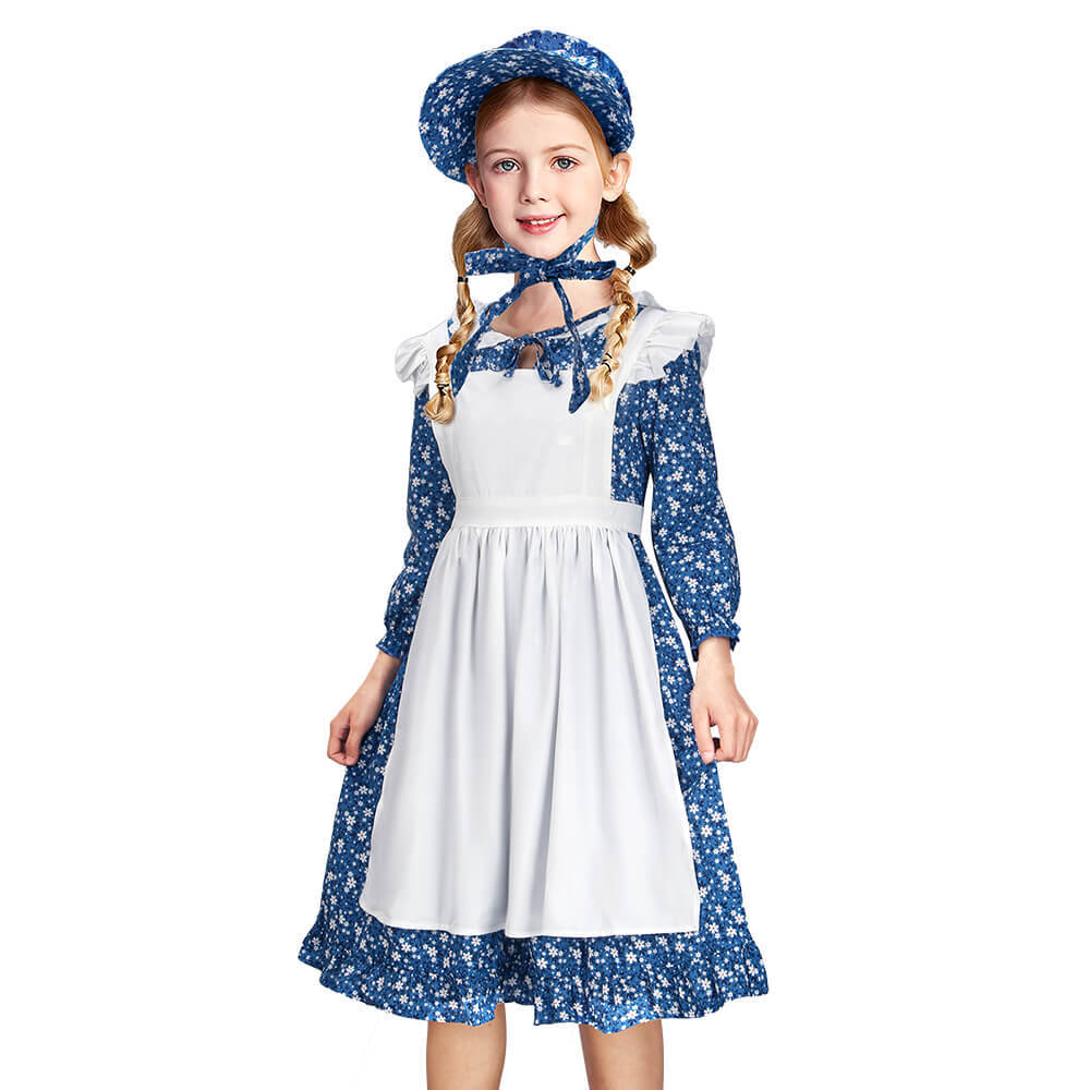 Kids Pioneer Girl Costume Colonial Prairie Blue Dress Apron Bonnet