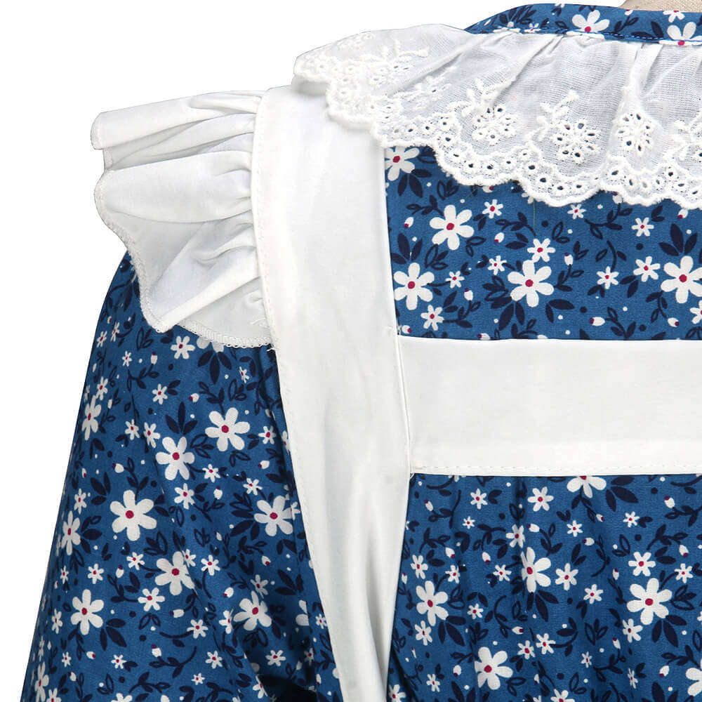 Kids Pioneer Girl Costume Colonial Prairie Blue Dress Apron Bonnet