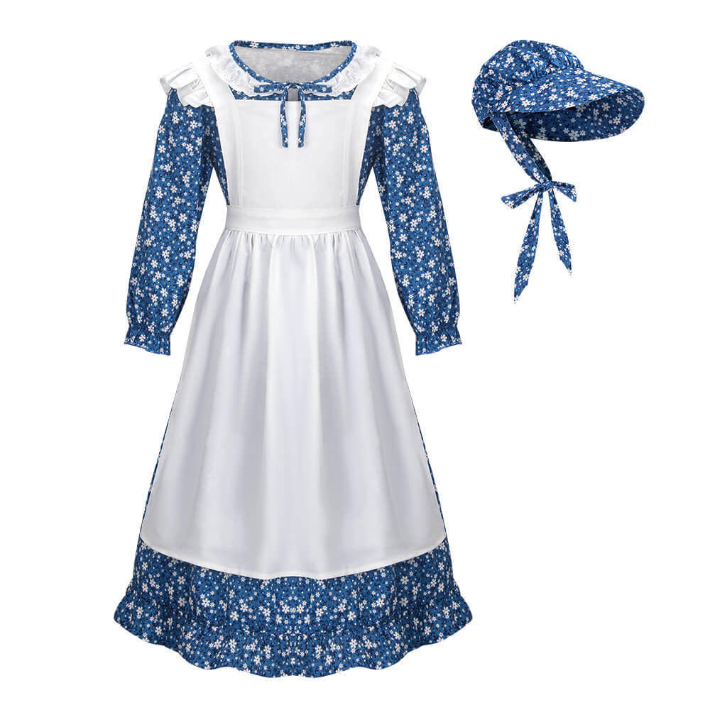 Kids Pioneer Girl Costume Colonial Prairie Blue Dress Apron Bonnet