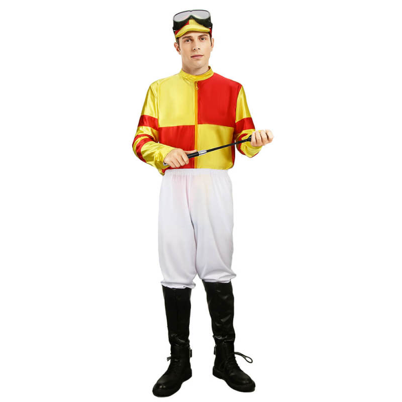 Red Yellow Jockey Horse Man Uniform Racing Rider Costume Fancy Dress In Stock-Takerlama