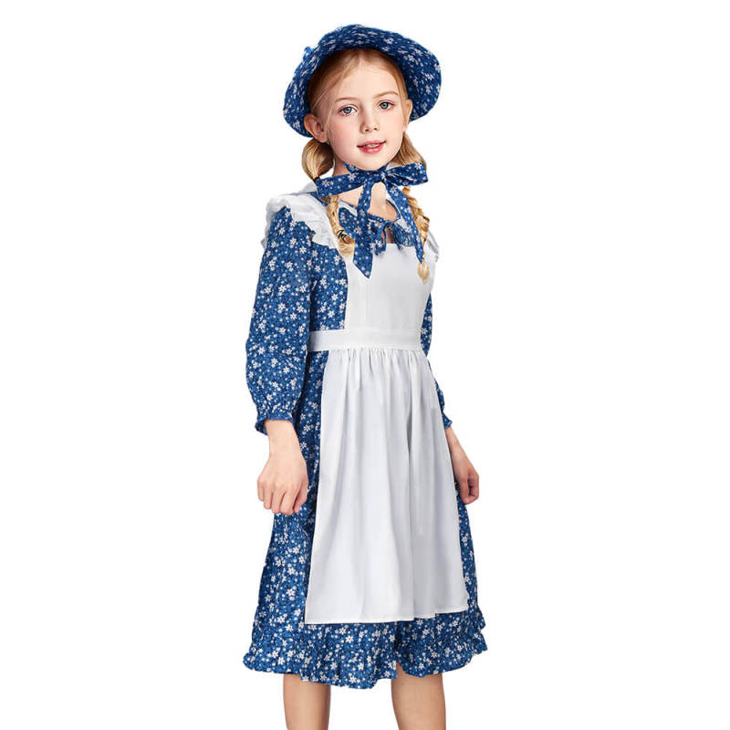 Kids Pioneer Girl Costume Colonial Prairie Blue Dress Apron Bonnet