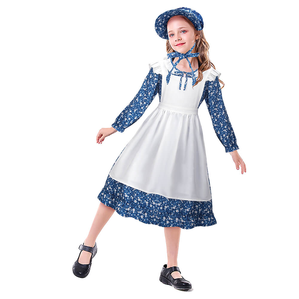 Kids Colonial  Pioneer Girl Costume Prairie Blue Maid Fancy Dress With Apron Bonnet in stock