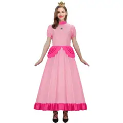 Women Super Mario Princess Peach Cosplay Costume Pink Dress