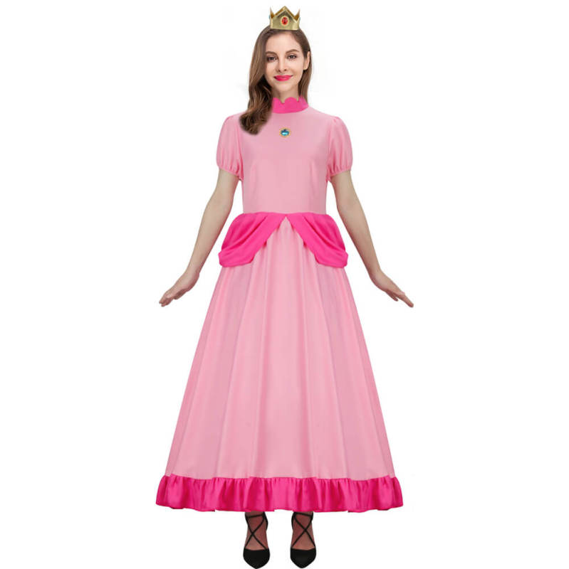 Women Super Mario Princess Peach Cosplay Costume Pink Dress