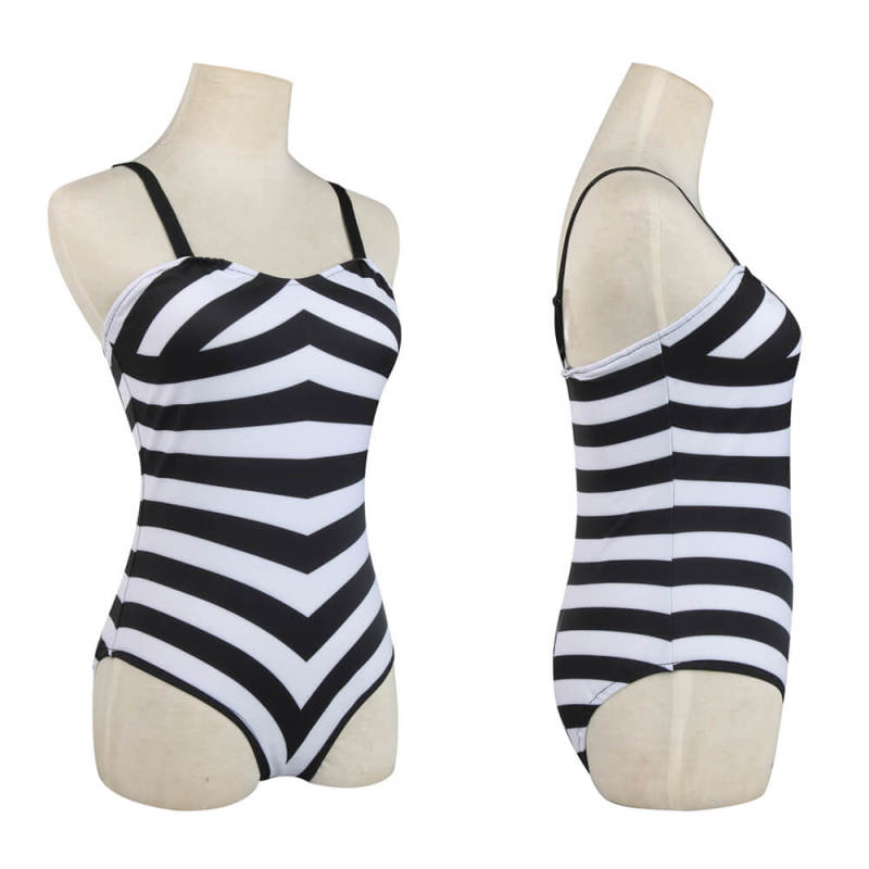 Black & White Chevron Stripe One Piece Bathing Suit Margot Robbie Movie Doll Costume In Stock Takerlama