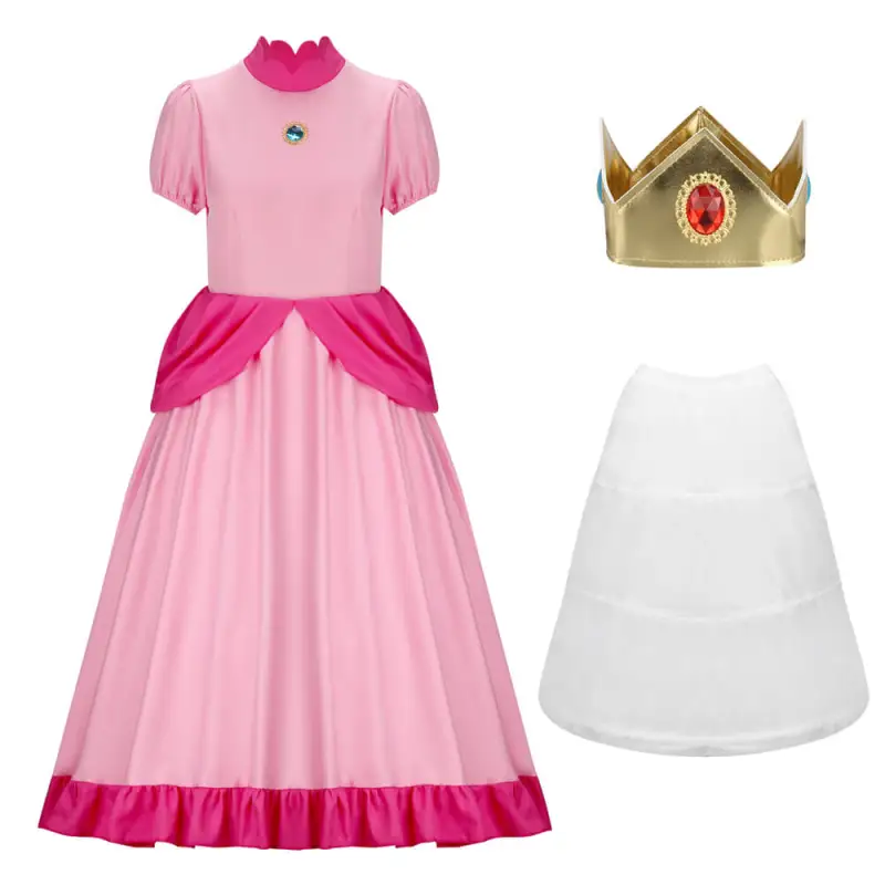 Women Super Mario Princess Peach Cosplay Costume Pink Dress