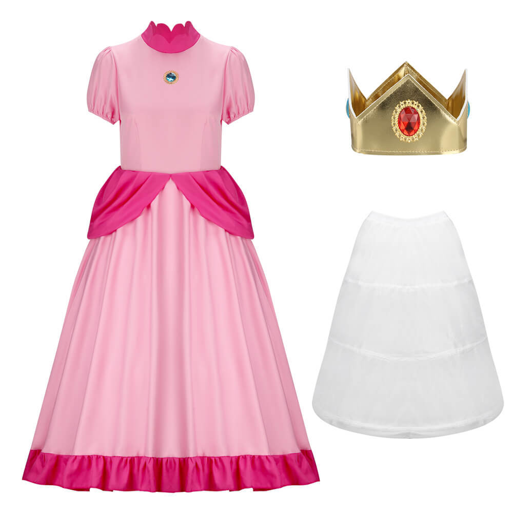 Women Super Mario Princess Peach Cosplay Costume Pink Dress