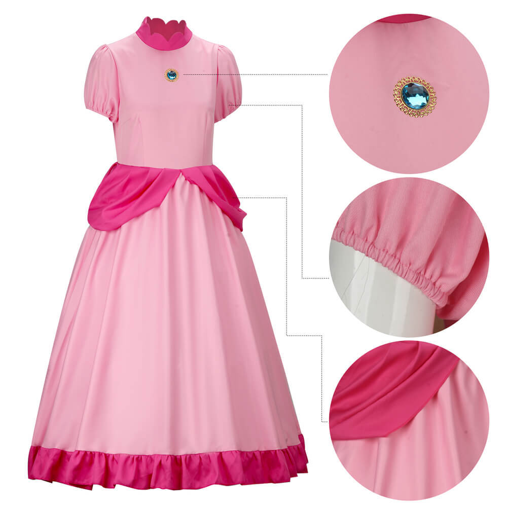 Women Super Mario Princess Peach Cosplay Costume Pink Dress