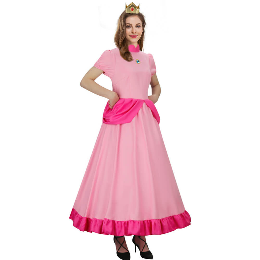 Women Super Mario Princess Peach Cosplay Costume Pink Dress