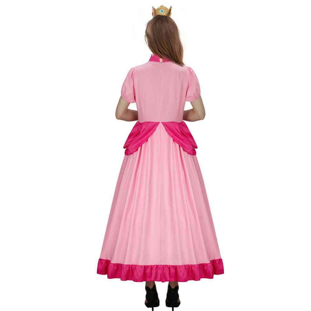 Women Super Mario Princess Peach Cosplay Costume Pink Dress