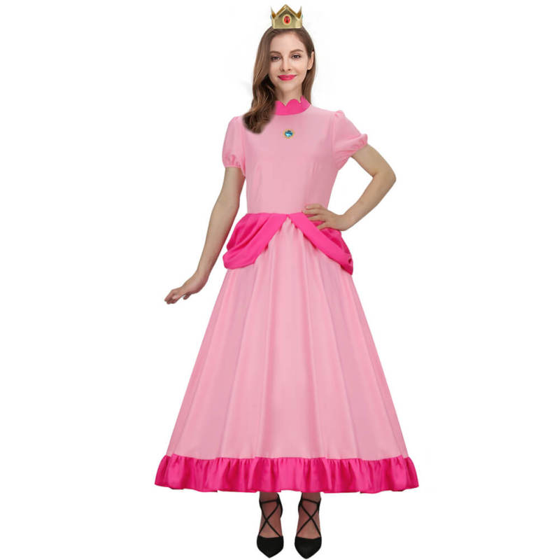 Women Super Mario Princess Peach Cosplay Costume Pink Dress