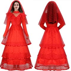 Lydia Deetz Halloween Cosplay Costume Red Gothic Wedding Dress XXL In Stock Takerlama