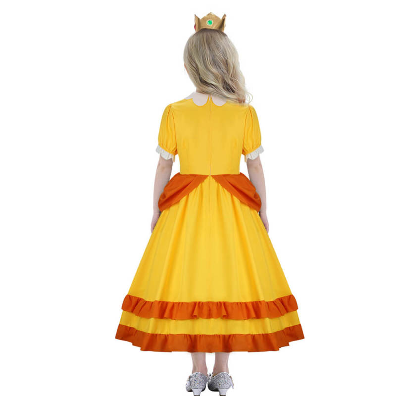 Kids Princess Daisy Cosplay Costume Super Mario Bros Yellow Dress