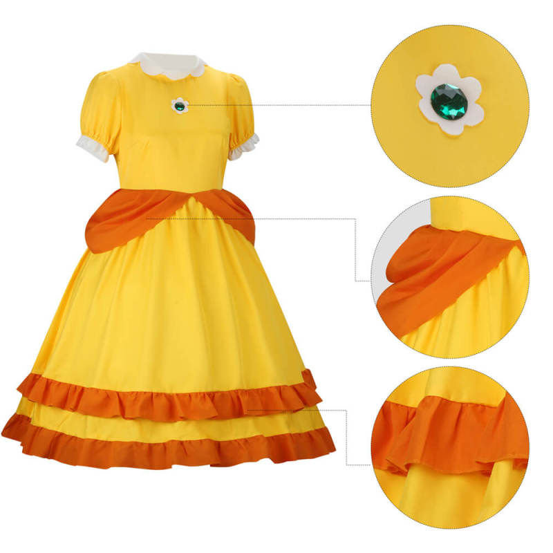 Kids Princess Daisy Cosplay Costume Super Mario Bros Yellow Dress