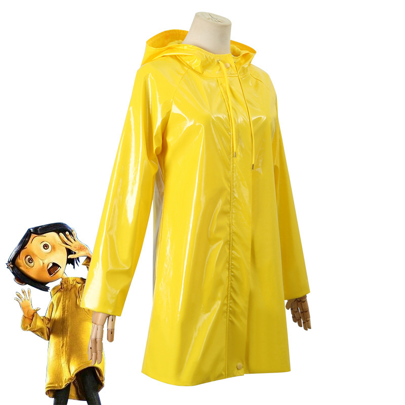 Women Coraline Halloween Costume Yellow Raincoat Dragonfly Hairpin