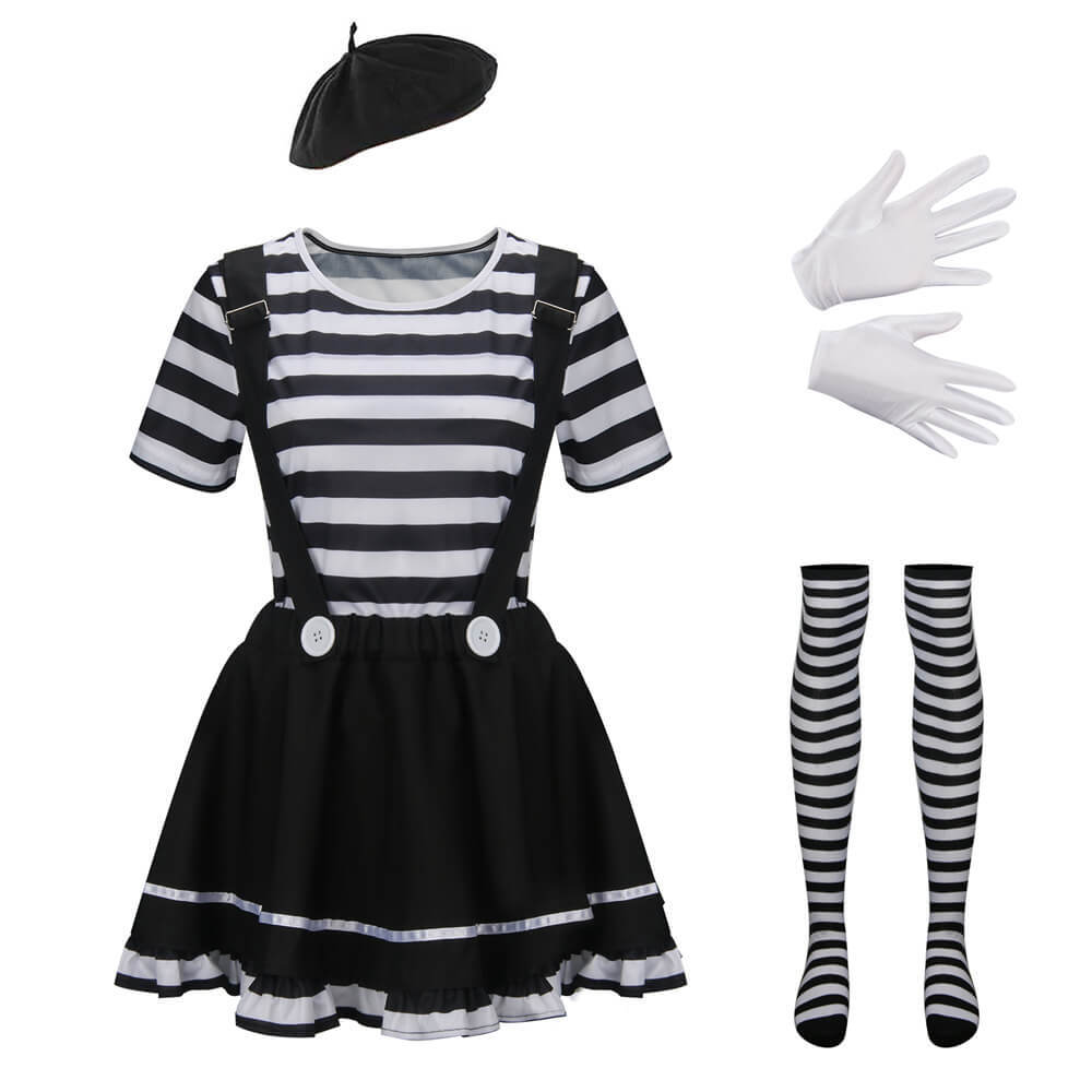 Women French Mime Striped Costume French Artist Black & White Halloween Outfits In Stock-Takerlama