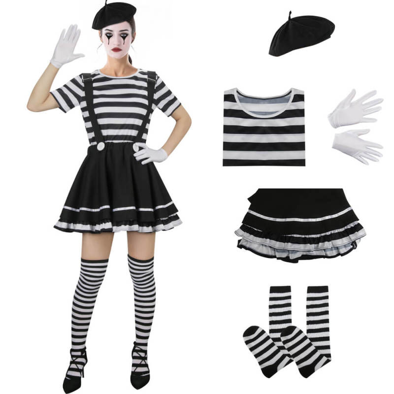 Women French Mime Striped Costume French Artist Black & White Halloween Outfits In Stock-Takerlama