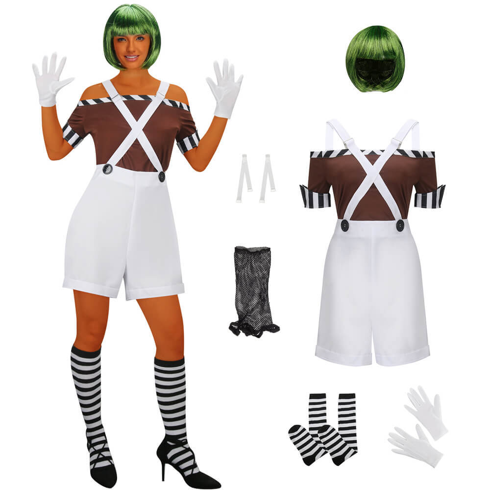 Women's Chocolate Factory Worker Costume Oompa Loompa Willy Wonka Outfits With Wig S In Stock Takerlama