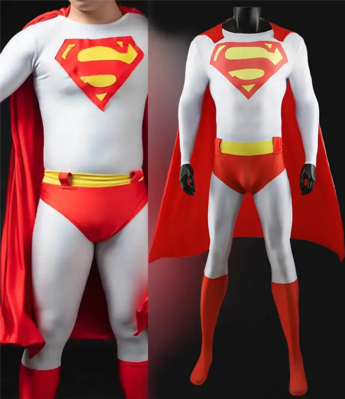 Superman White Halloween Costume Superhero Clark Kent Cosplay Jumpsuit Cloak