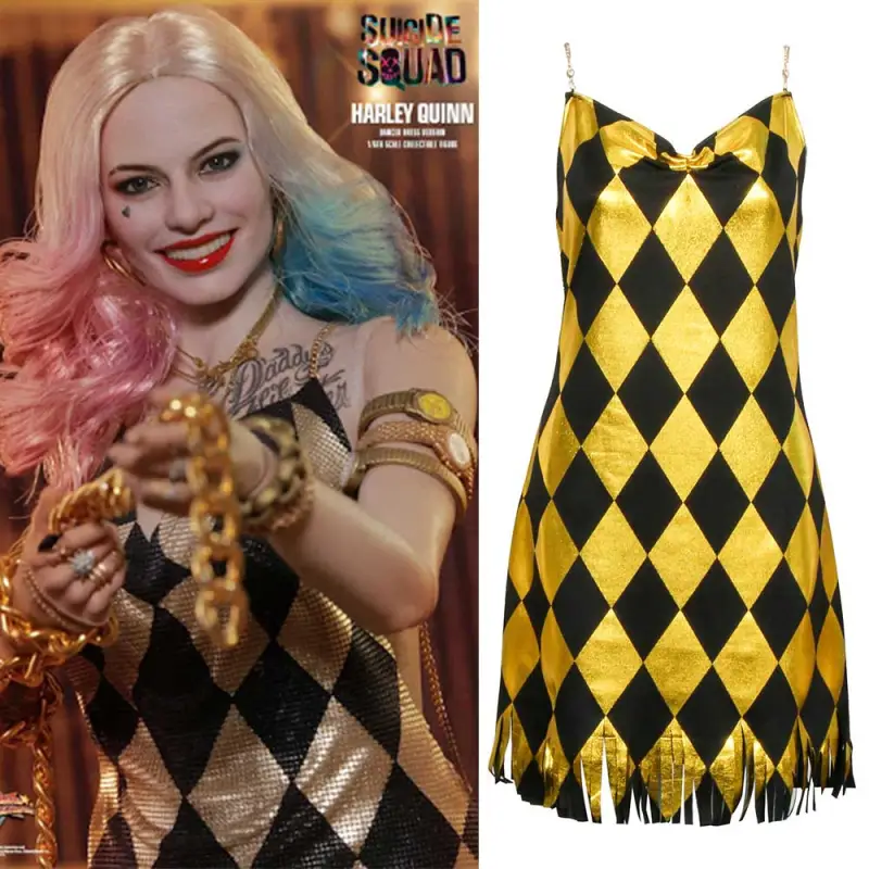 Harley Quinn Cosplay Costume Suicide Squad Female Joker Gold Backless Club Dress In Stock-Takerlama