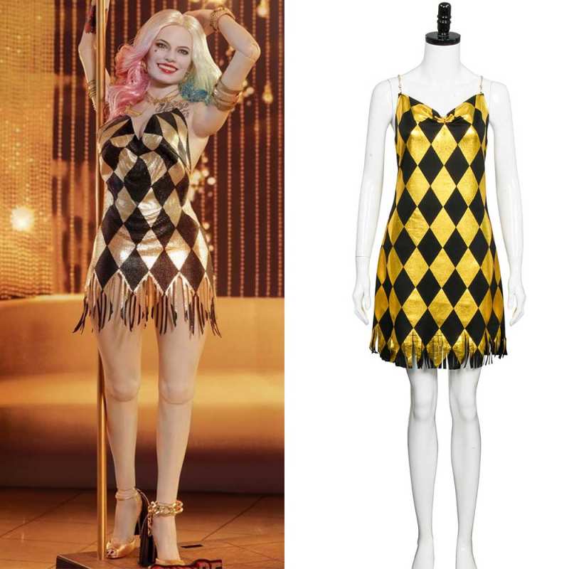 Harley Quinn Cosplay Costume Suicide Squad Female Joker Gold Backless Club Dress In Stock-Takerlama