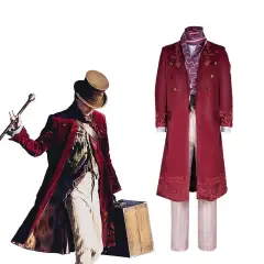Takerlama Willy Wonka Cosplay Costume Wonka 2023 Timothee Chalamet Red Overcoat Adults Kids (In Stock)