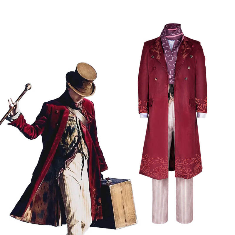 Wonka 2023 Willy Wonka Cosplay Costume Timothee Chalamet Red Overcoat Adults Kids Takerlama