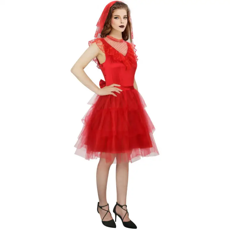 Takerlama BeetleJuice Red Beetle Bride Costume Lydia Deetz Halloween Red Gothic Wedding Dress