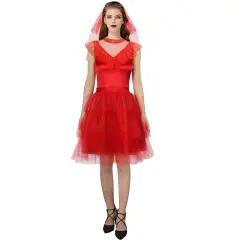 BeetleJuice Red Beetle Bride Costume Lydia Deetz Halloween Gothic Wedding Dress Takerlama