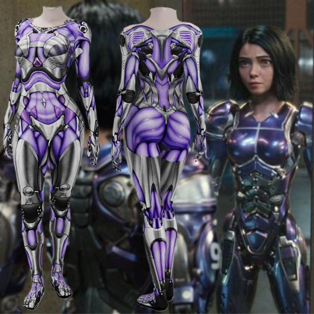 Alita Battle Angel Cosplay Costume Halloween Purple Bodysuit for Women Kids Takerlama