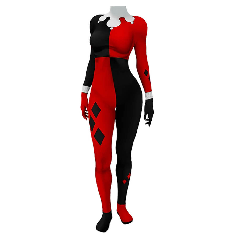 Harley Quinn Cosplay Costume Red and Black Jumpsuit Jester Suit Takerlama