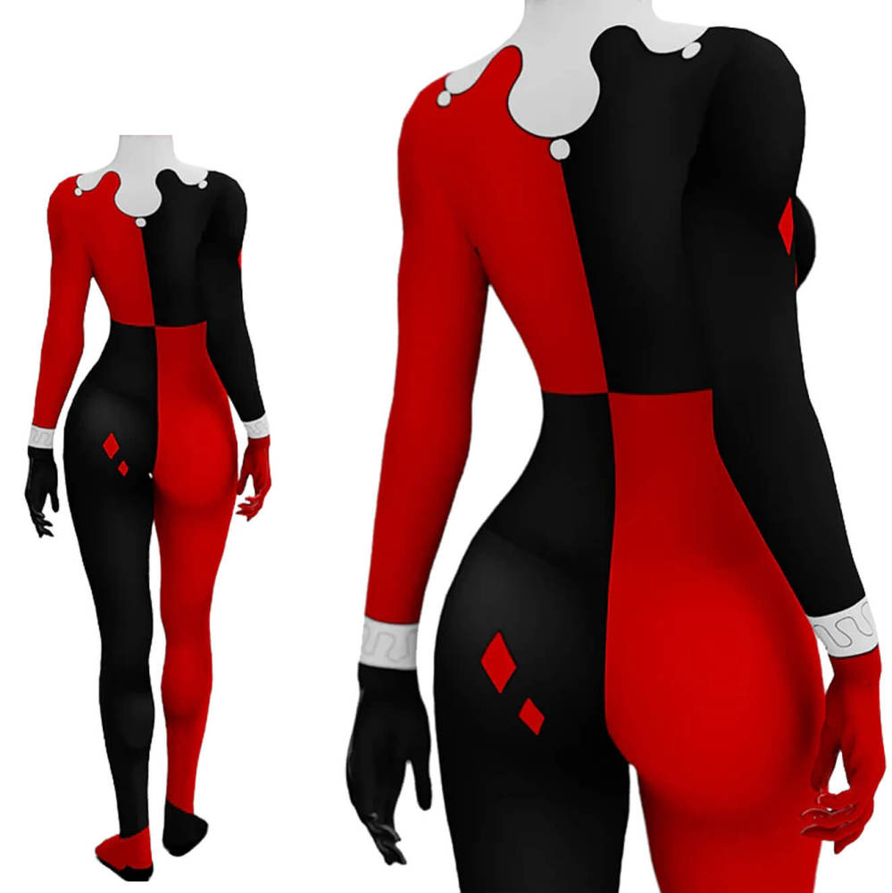 Harley Quinn Cosplay Costume Red and Black Jumpsuit Jester Suit Takerlama