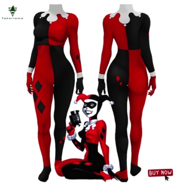 Harley Quinn Cosplay Costume Red and Black Jumpsuit Jester Suit Takerlama
