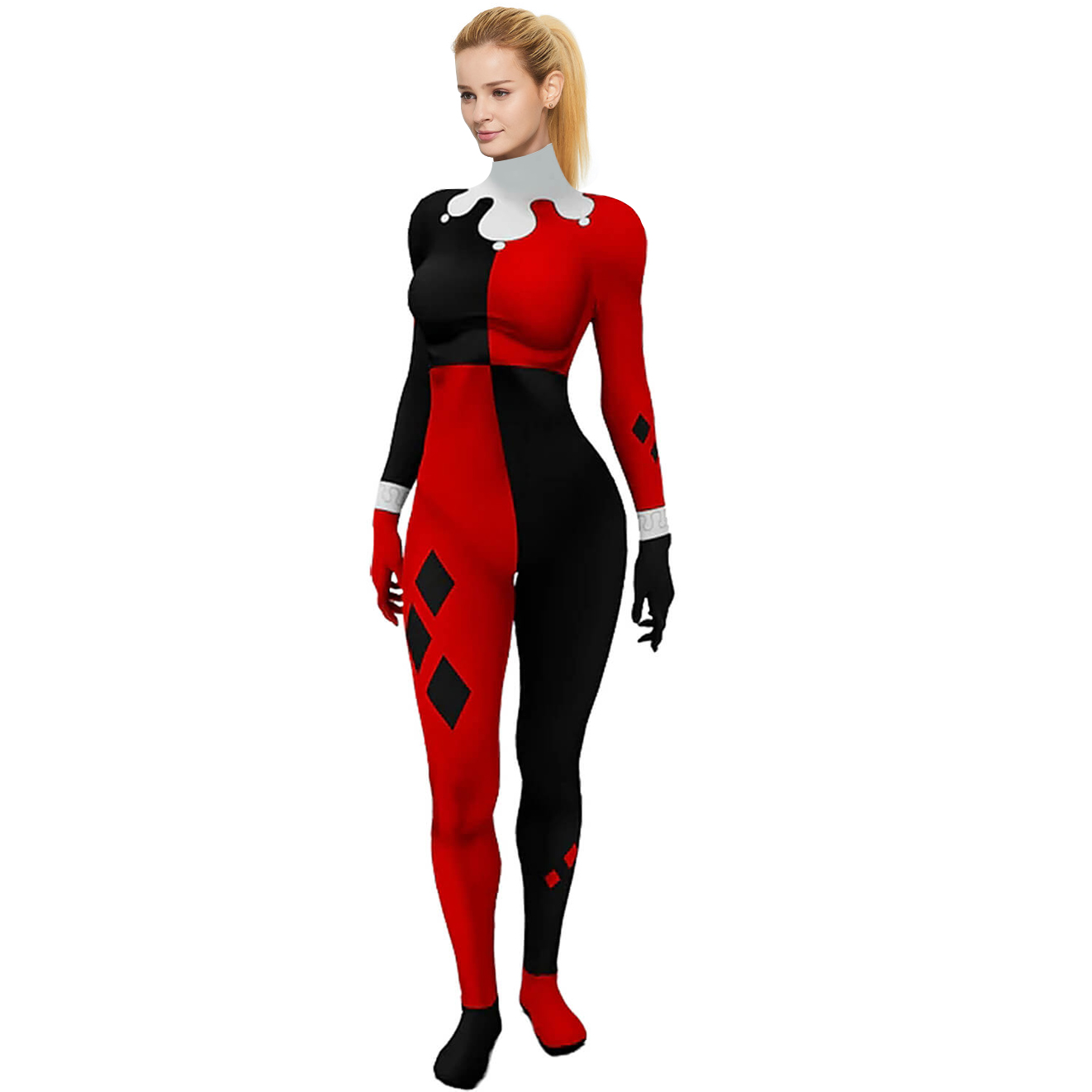 Harley Quinn Cosplay Costume Red and Black Jumpsuit Jester Suit Takerlama