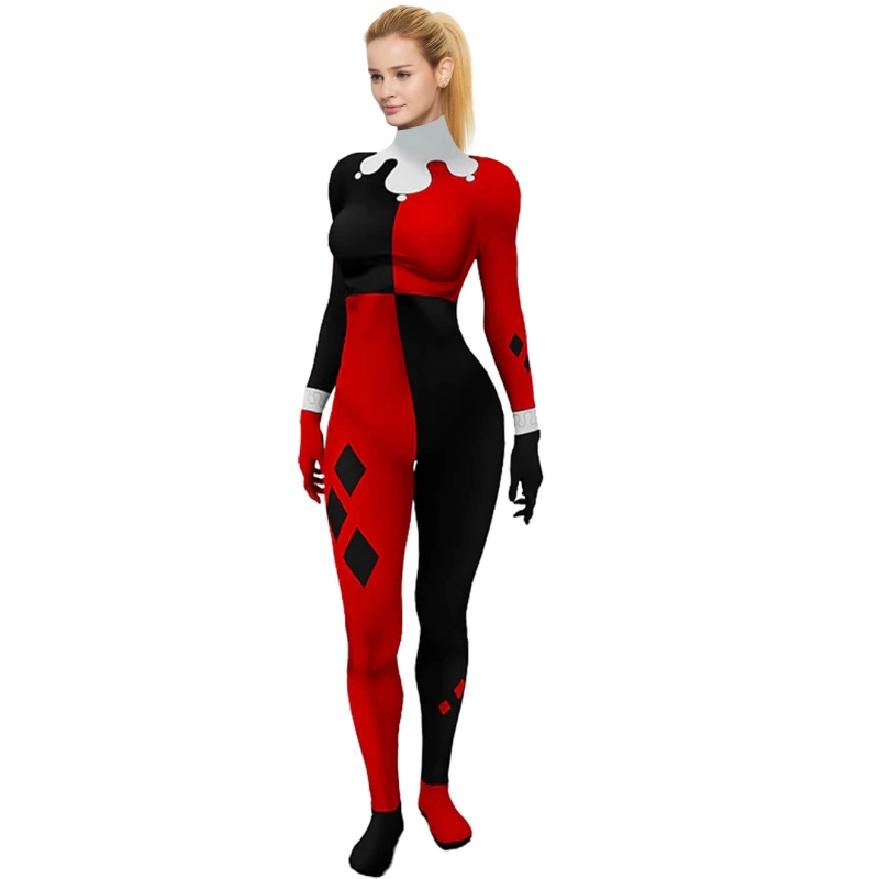 Harley Quinn Cosplay Costume Red and Black Jumpsuit Jester Suit Takerlama