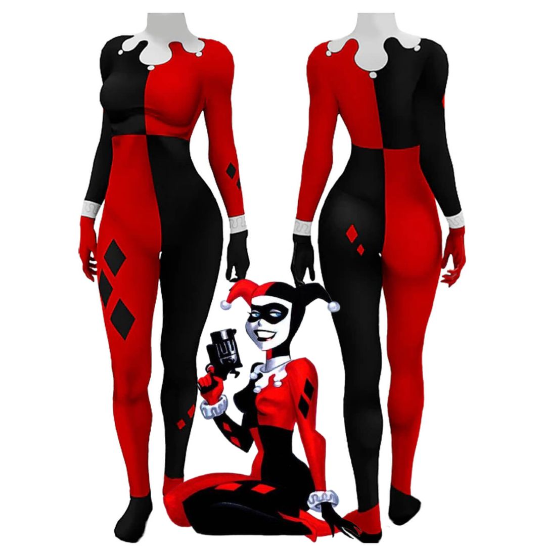 DC Comic Harley Quinn Halloween Cosplay Costume Red and Black Jumpsuit Lycra Jester Suit Takerlama