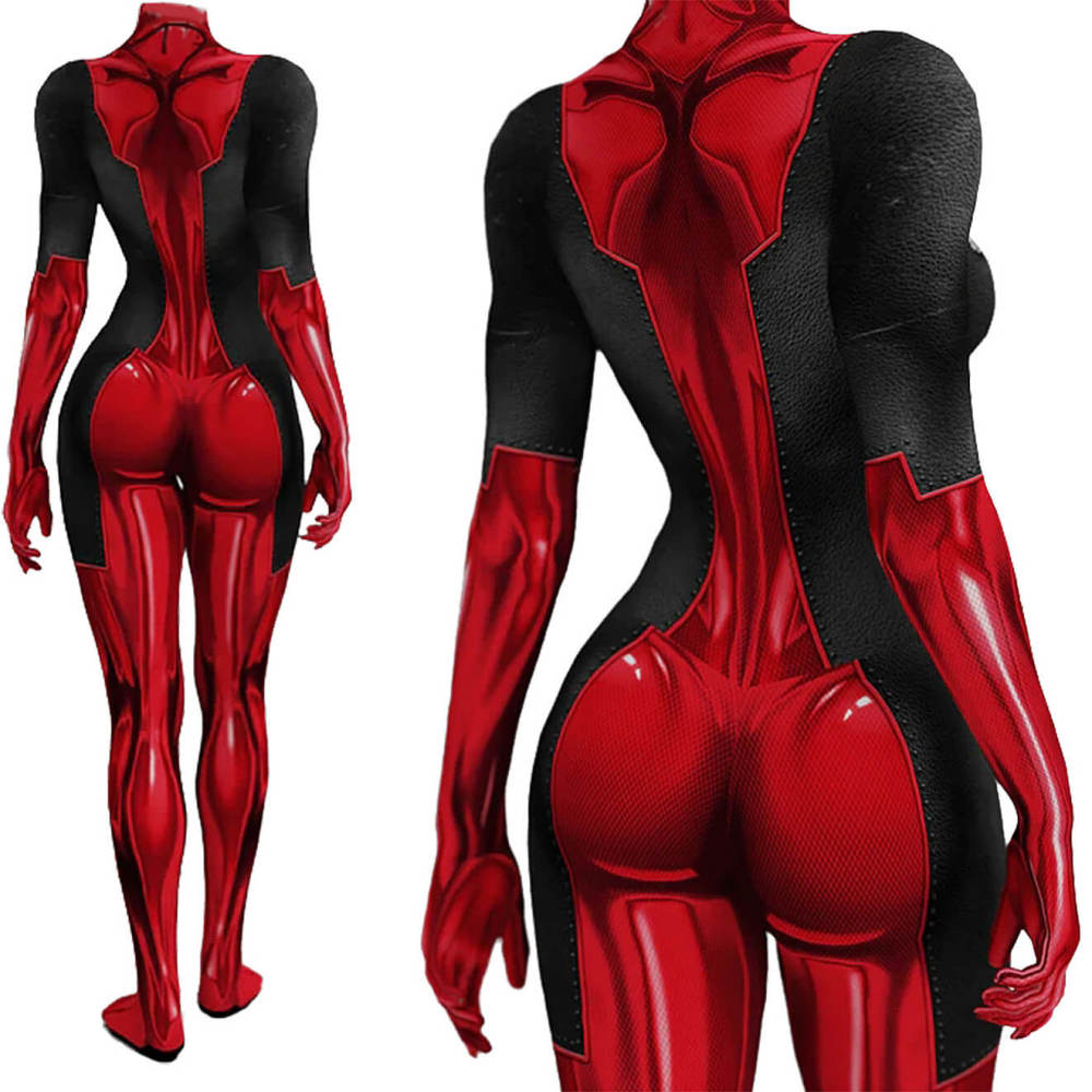 Lady Deadpool Halloween Cosplay Costume Marvel Superheroe Red Jumpsuit Takerlama