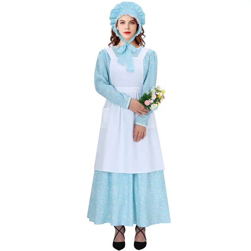 Adult Colonial Pioneer Girl Fancy Dress With Hat Apron Women Village Farm Prairie Maiden Maid Halloween Cosplay Costumes 5 Colors Takerlama