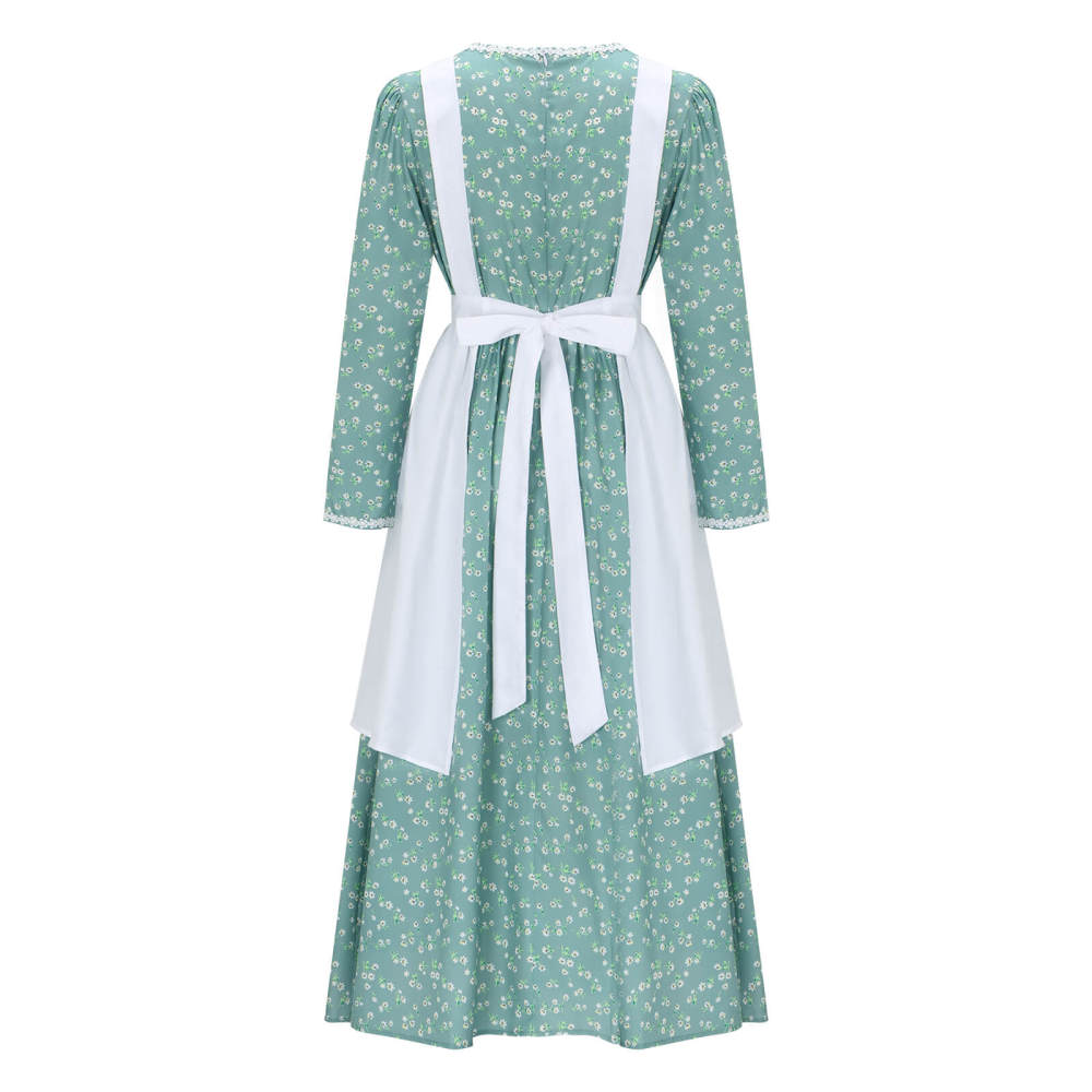 Adult Colonial Pioneer Girl Fancy Dress With Hat Apron Women Village Farm Prairie Maiden Maid Halloween Cosplay Costumes 5 Colors Takerlama