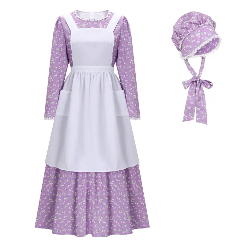 Women's Colonial Pioneer Girl Fancy Dress With Hat Apron Women Village Farm Prairie Maiden Maid Halloween Cosplay Costumes 5 Colors Takerlama