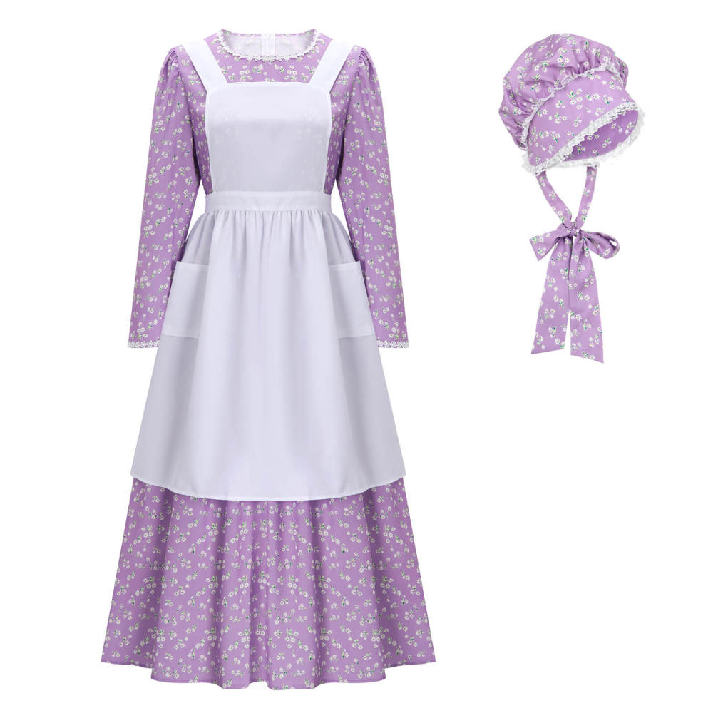 Women's Colonial Pioneer Girl Fancy Dress With Hat Apron Women Village Farm Prairie Maiden Maid Halloween Cosplay Costumes 5 Colors Takerlama