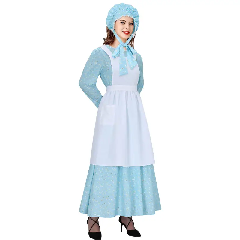 Women's Colonial Pioneer Girl Fancy Dress With Hat Apron Women Village Farm Prairie Maiden Maid Halloween Cosplay Costumes 5 Colors Takerlama
