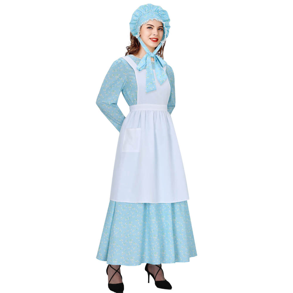 Women's Colonial Pioneer Girl Fancy Dress With Hat Apron Women Village Farm Prairie Maiden Maid Halloween Cosplay Costumes 5 Colors Takerlama