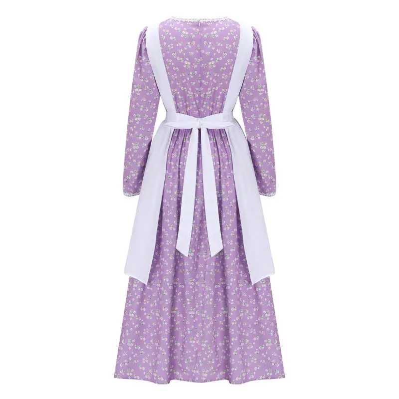 Women's Colonial Pioneer Girl Fancy Dress With Hat Apron Women Village Farm Prairie Maiden Maid Halloween Cosplay Costumes 5 Colors Takerlama