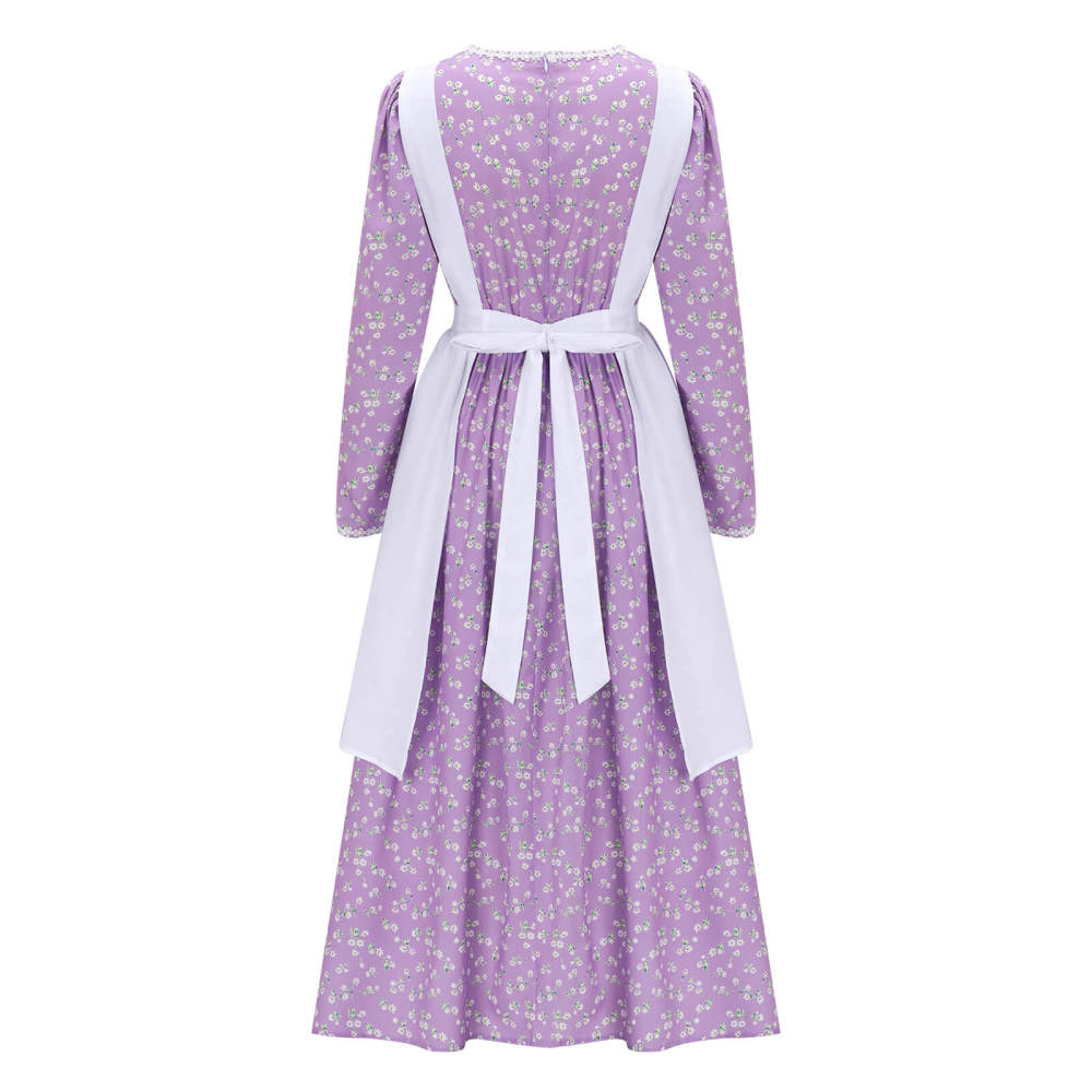 Women's Colonial Pioneer Girl Fancy Dress With Hat Apron Women Village Farm Prairie Maiden Maid Halloween Cosplay Costumes 5 Colors Takerlama