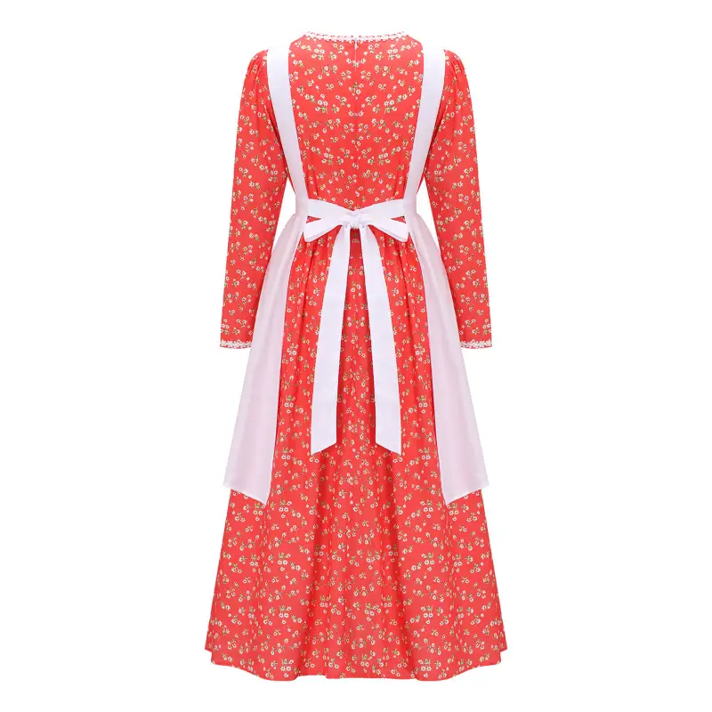Women's Colonial Pioneer Girl Fancy Dress With Hat Apron Women Village Farm Prairie Maiden Maid Halloween Cosplay Costumes 5 Colors Takerlama