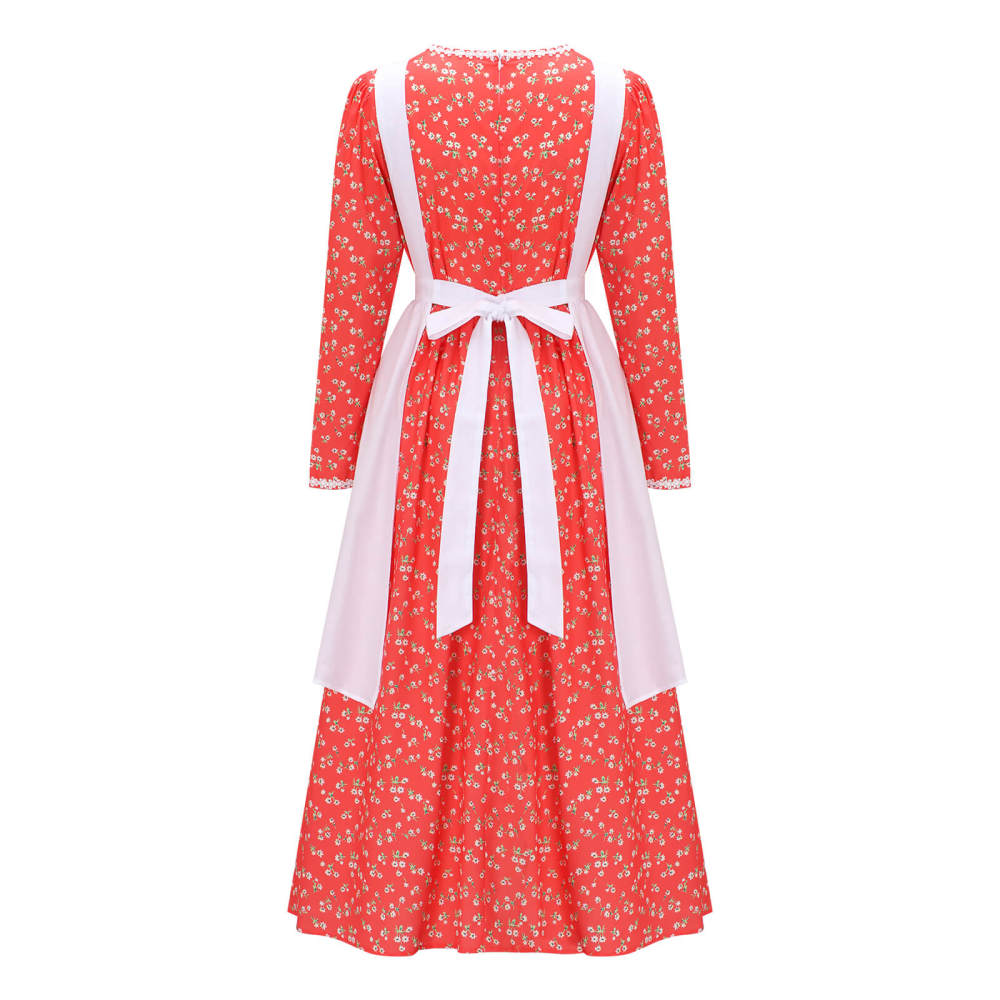 Women's Colonial Pioneer Girl Fancy Dress With Hat Apron Women Village Farm Prairie Maiden Maid Halloween Cosplay Costumes 5 Colors Takerlama